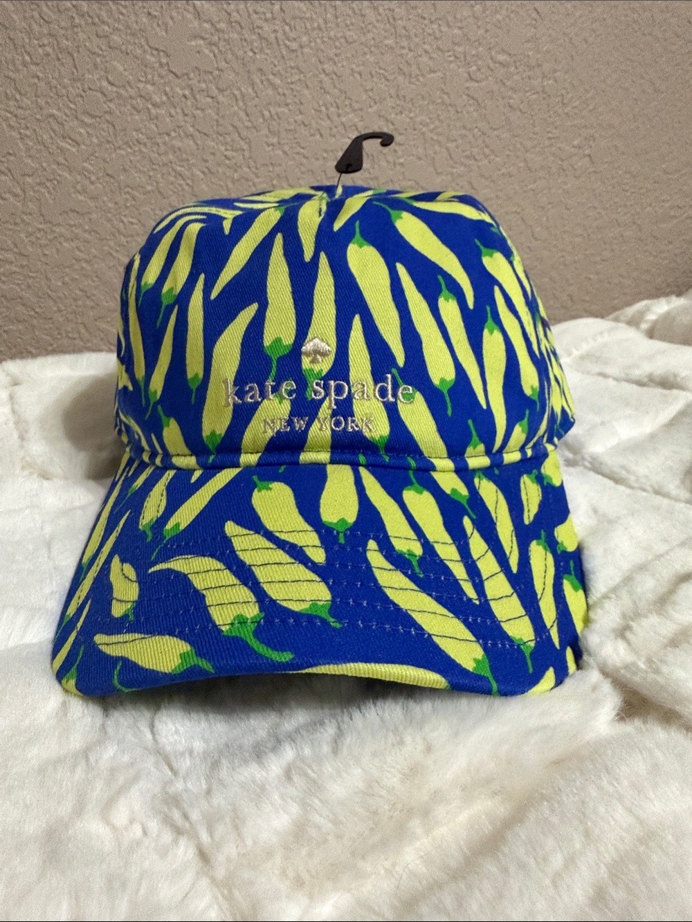 kate spade Blue with Yellow Peppers Patterned Embroidered Logo Cap NWT